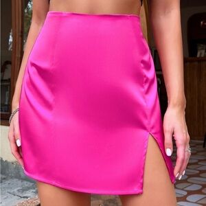 Bright Pink Satin Mini Skirt with Side Slit